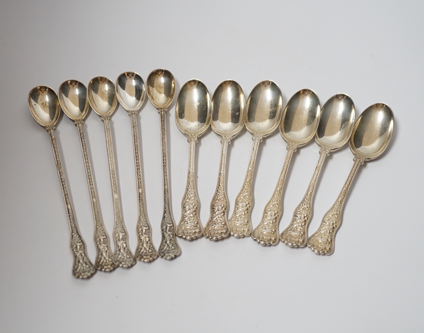 A set of six late 19th/early 20th century Tiffany & Co sterling teaspoons and five similar ice cream spoons, latter 18.7cm, 15.8oz.